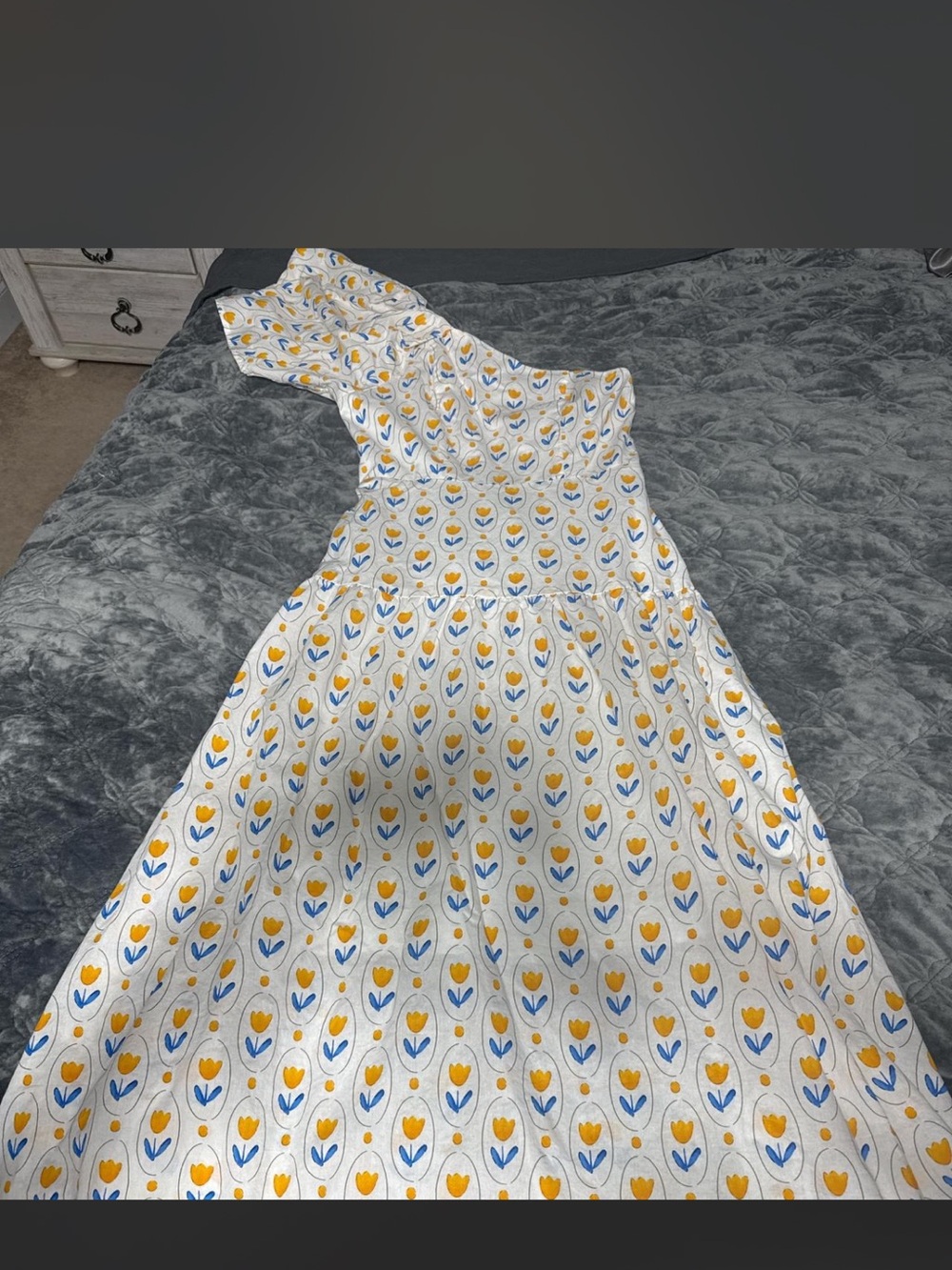 entro White One-Shoulder Midi Dress with Yellow & Blue Floral Print